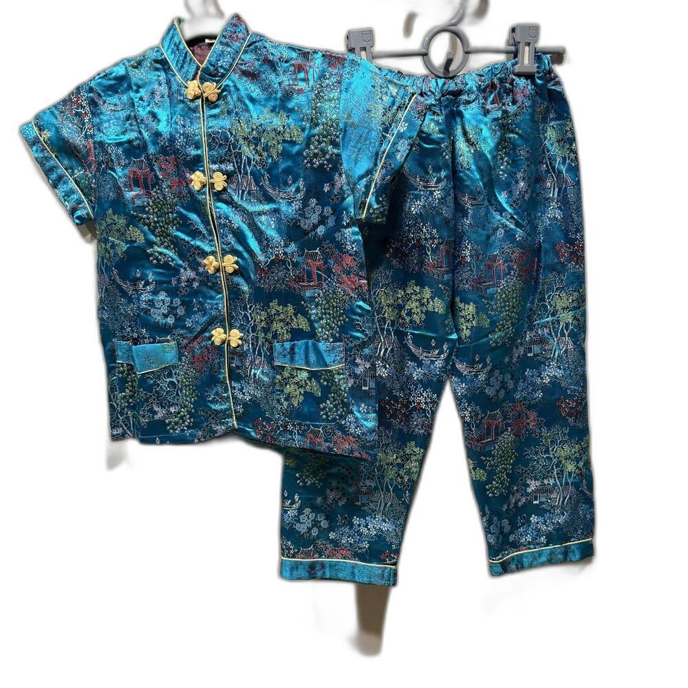 Vintage Oriental Girls Costume sz 10 Blue Satin Top Pants Bag Asian Dress-Up